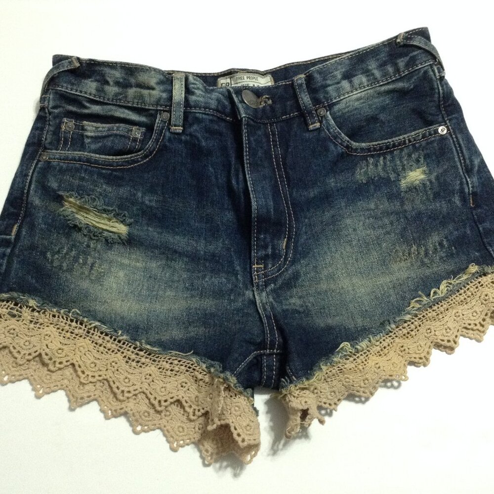 Free People Shorts Womens 26 Distressed Jean Blue Denim Embroidered Trim